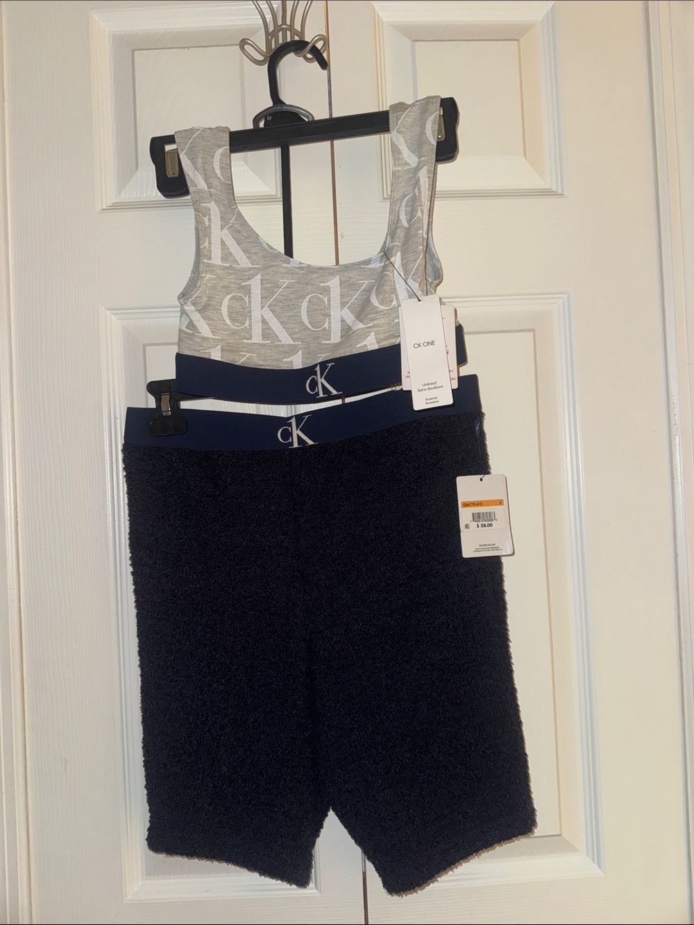 Calvin Klein Women’s Gray Logo Bralette with Navy Terry Lounge Shorts